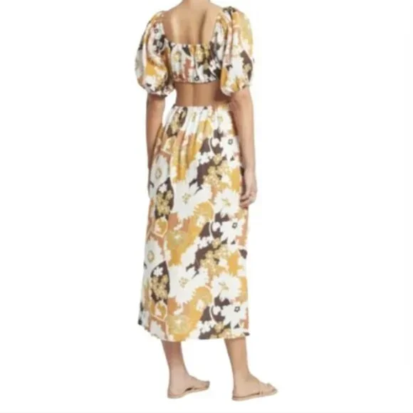 Faithful the Brand Trinita Maxi Dress Womens 2 Yellow White Floral Puff Sleeve